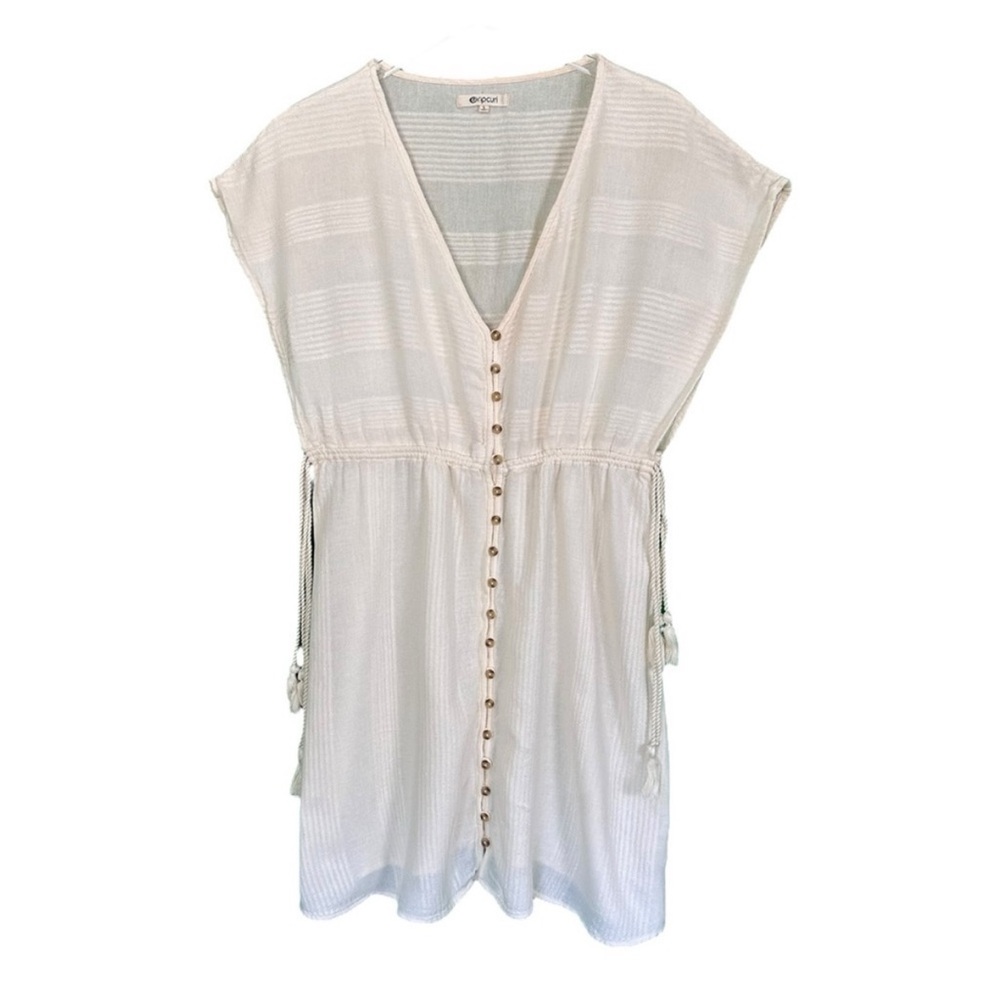 RIPCURL Dune Dress L White Boho Beach Cover Up Cotton Button Front Tassel Resort